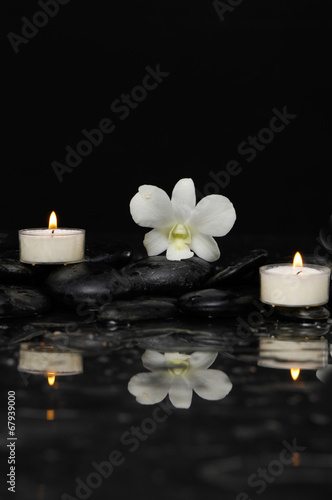 White orchid with two candle and therapy stones