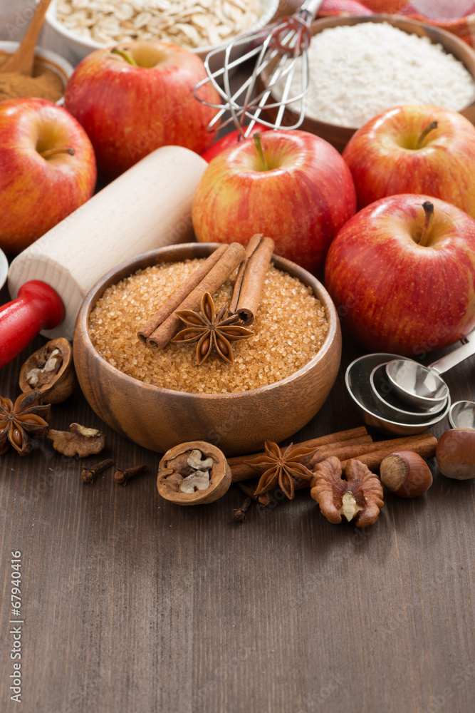 ingredients for baking apple pie and wooden background ingredients for baking apple pie and wooden background