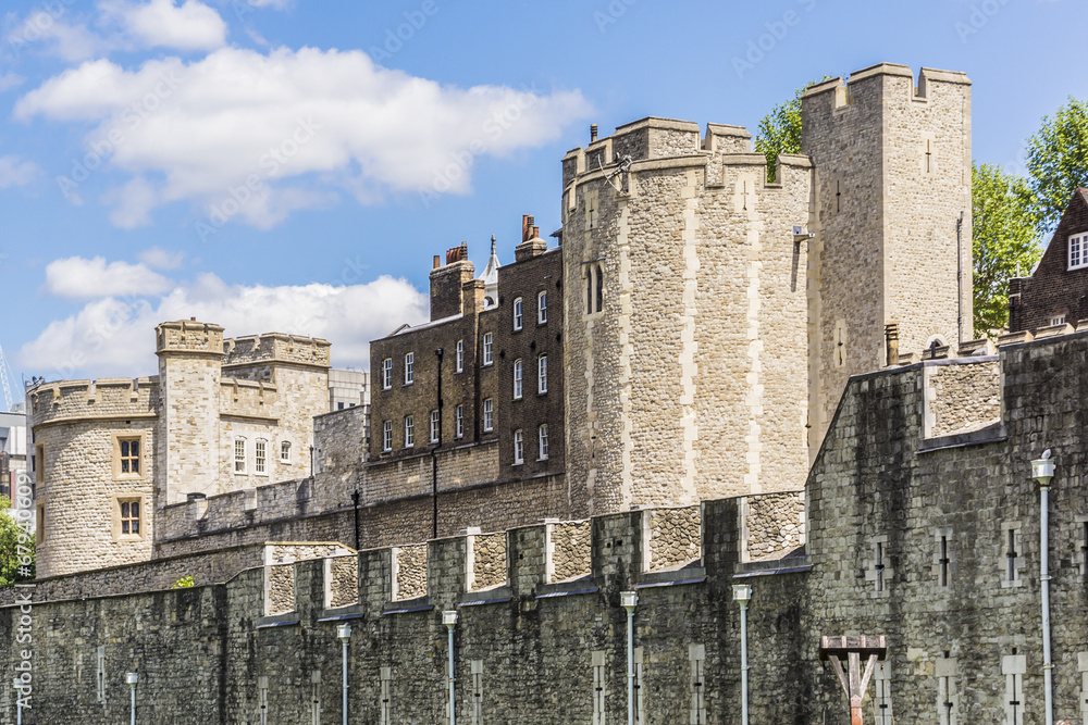 Historic castle Tower of London. View from outside walls.
