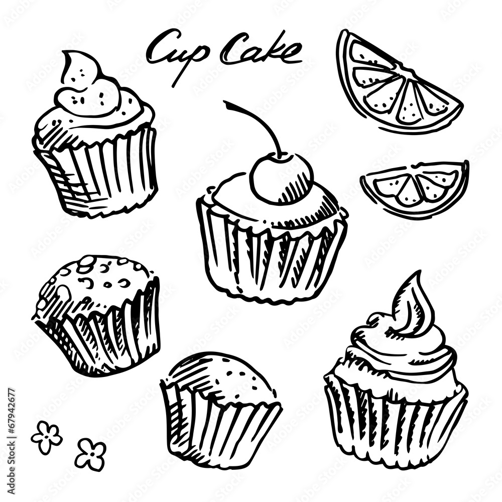 Black and white sketch cupcake set