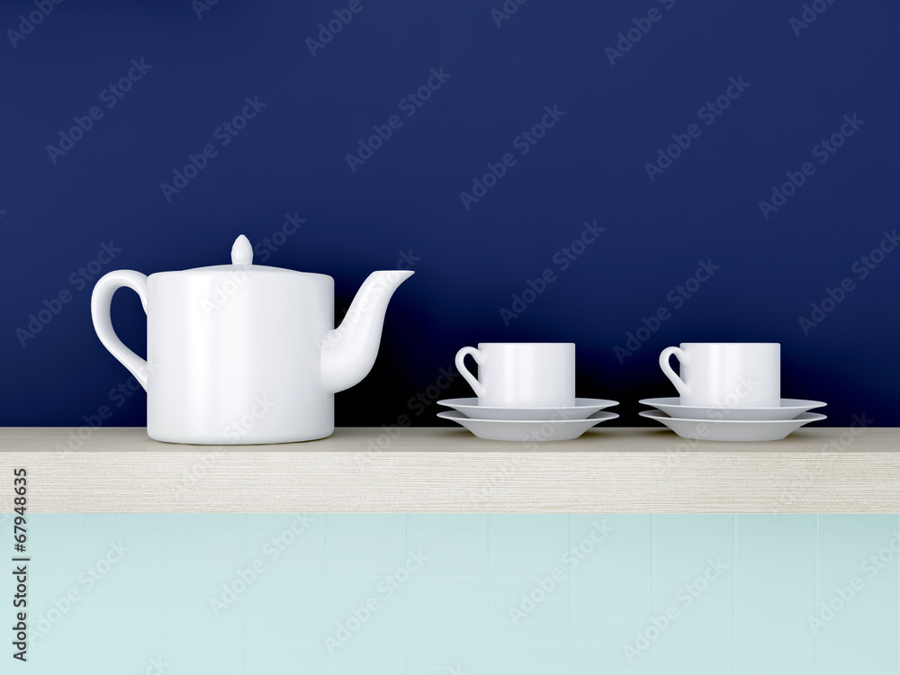 Ceramic kitchenware on shelf.