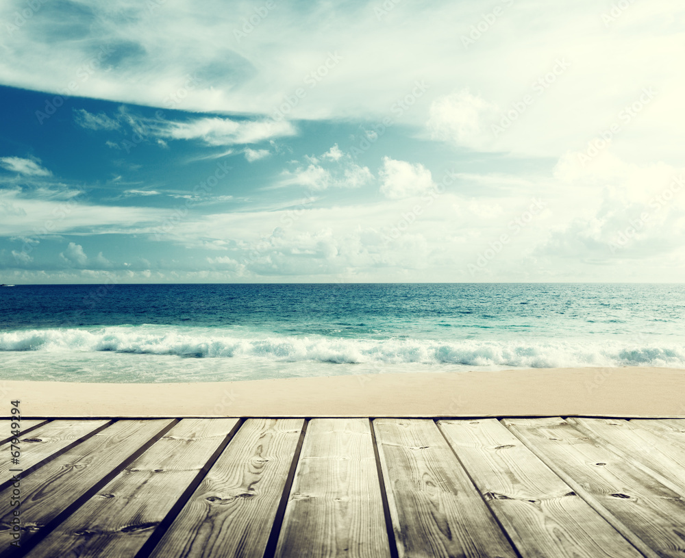 tropical beach and wooden platform tropical beach and wooden platform