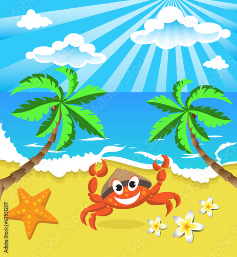 Happy crab in hat with star and flowers, on the southern island
