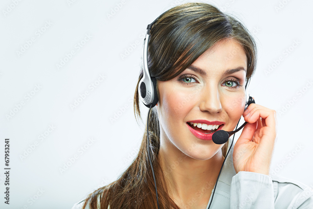 Customer support operator. Woman face.Call center smiling opera Customer support operator. Woman face.Call center smiling opera
