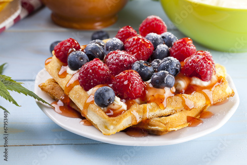 Homemade waffles with fruit
