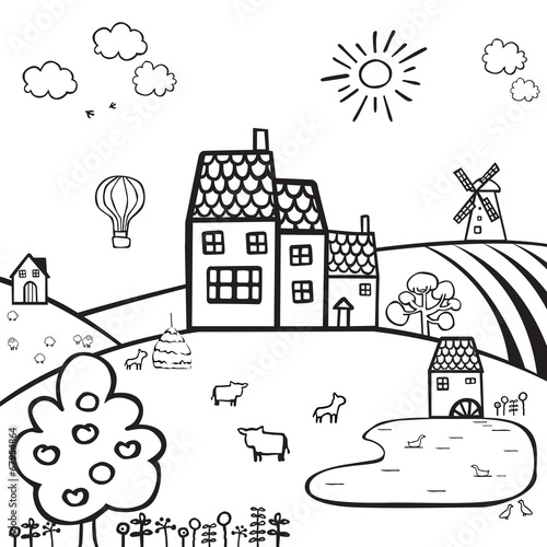 black and white drawing of a farm on the hills