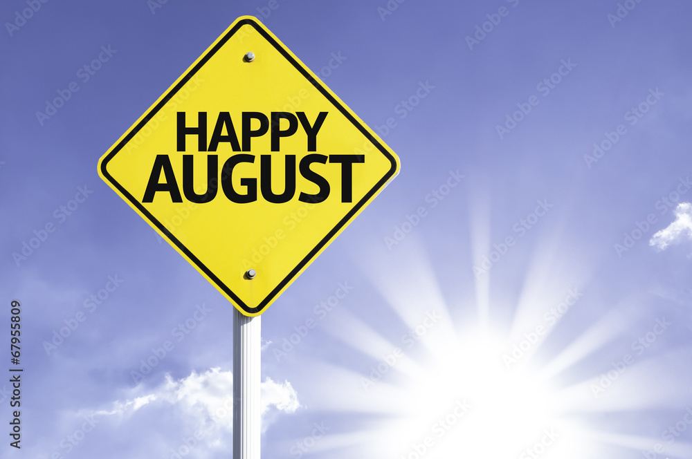 Happy August road sign with sun background Happy August road sign with sun background