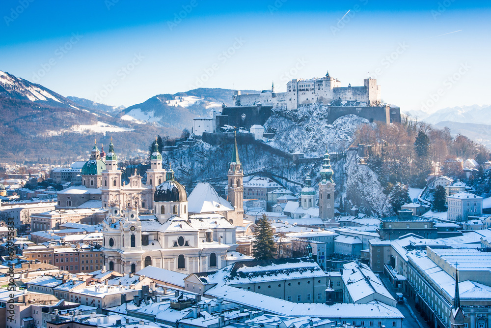 Salzburg skyline with Fortress Hohensalzburg in winter, Austria