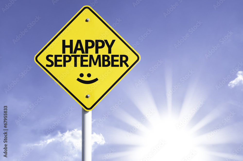 Happy September road sign with sun background Happy September road sign with sun background