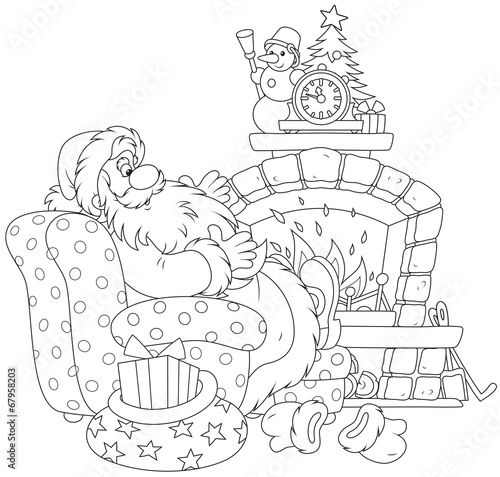 Santa Claus by a fireplace