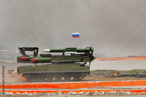 Buk-M1-2 surface-to-air missile systems in smoke
