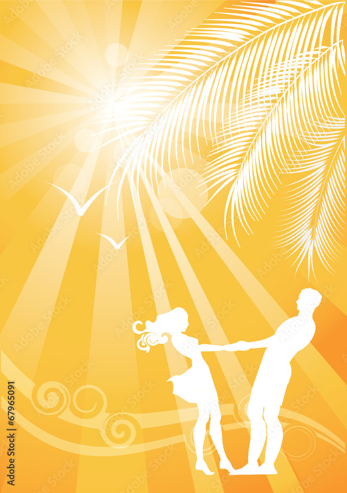 Summer yellow background with the sun, palm and couple in love