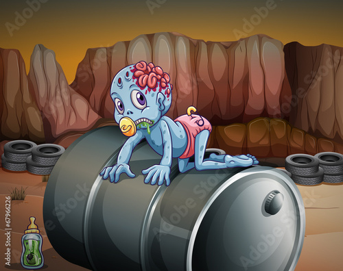 A baby zombie above the barrel
