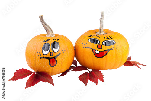 Pumpkin with autumn leaves isolated on white