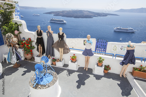 mannequins and sea liner on Santorini