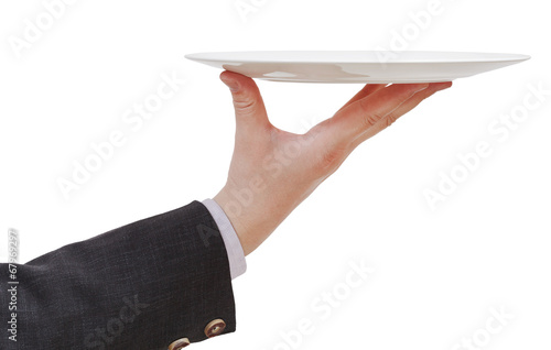 side view of hand with empty flat white plate