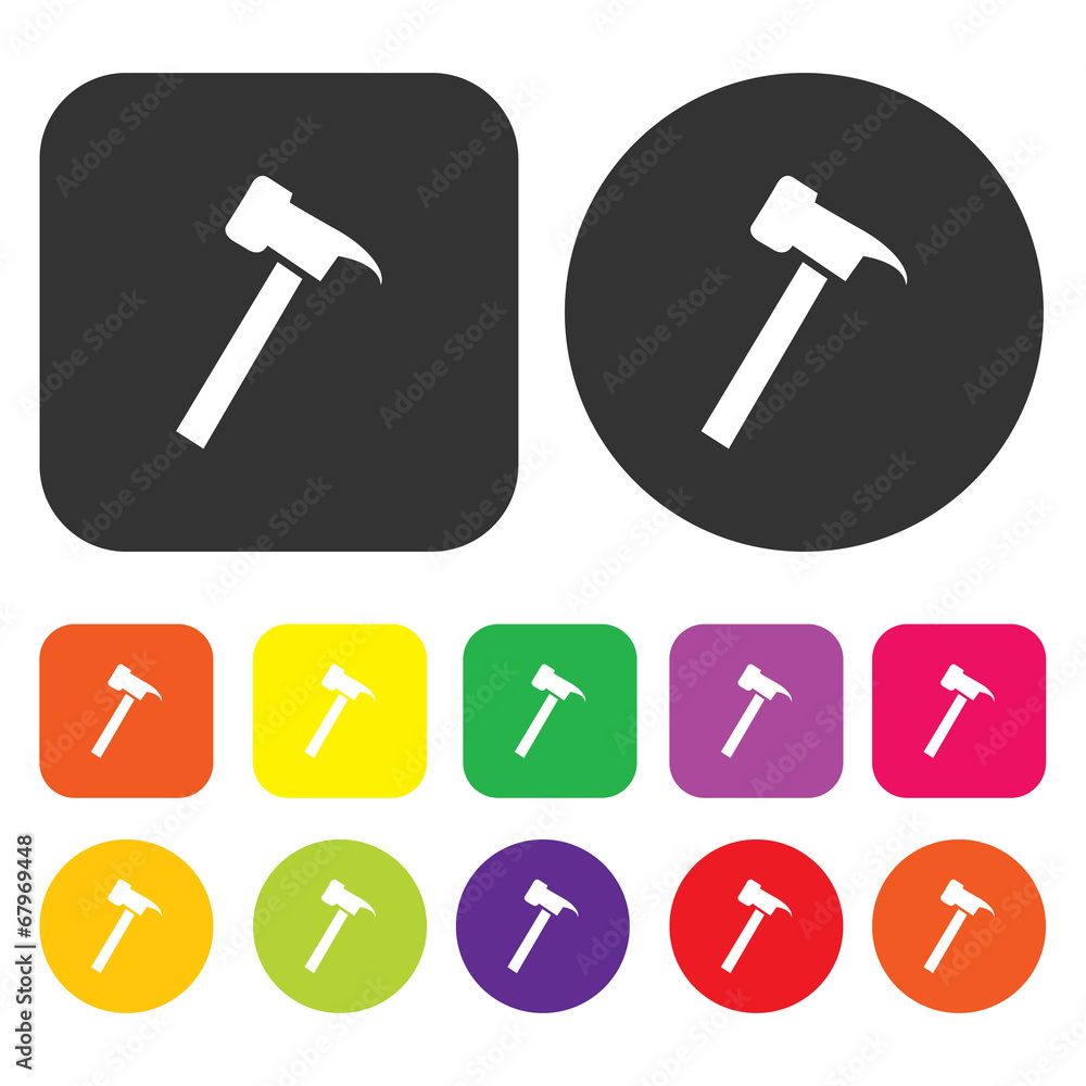 Hammer icon. Engineering symbol. Round and rectangle colourful 1 Hammer icon. Engineering symbol. Round and rectangle colourful 1
