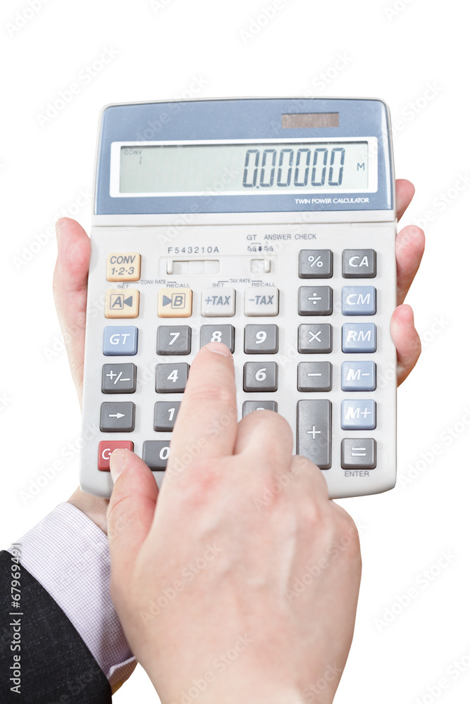 calculator in businessman hands isolated on white calculator in businessman hands isolated on white