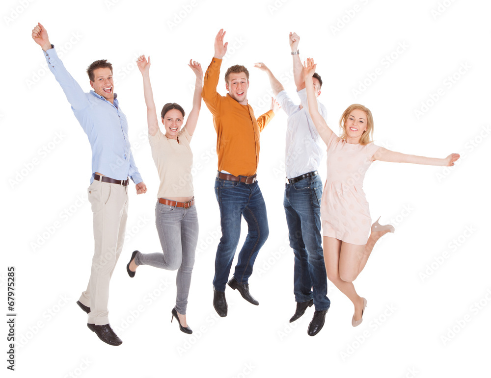 Excited Friends Jumping Over White Background Excited Friends Jumping Over White Background
