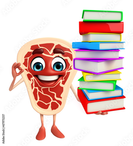 Meat steak character with Books pile