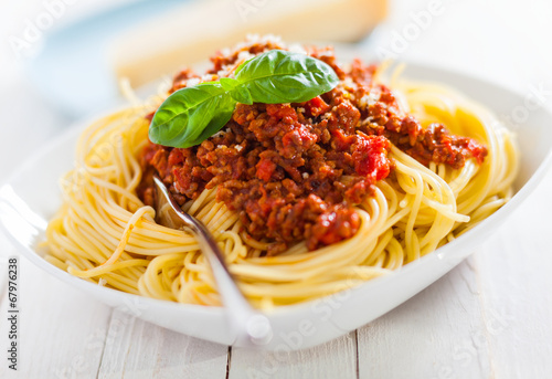 Photo Bowl of delicious Italian spaghetti Bolognese