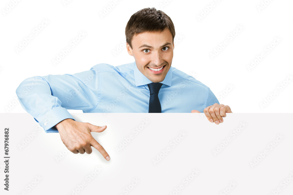 Businessman showing signboard, on white Businessman showing signboard, on white