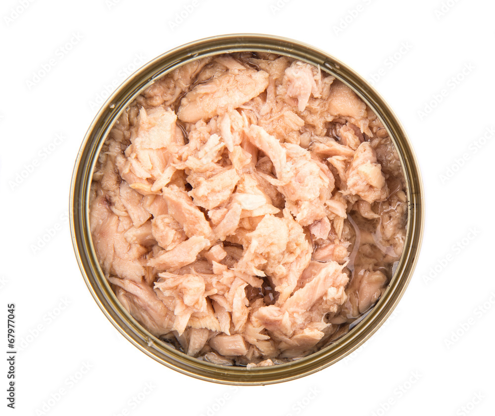 Pieces of tuna fish in a tin can over white background foto de Stock