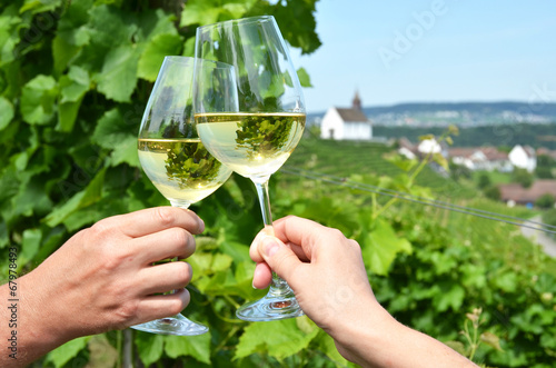 Pair of wineglasses against vineyards in Rheinau, Switzerland