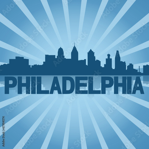Philadelphia skyline reflected with blue sunburst illustration