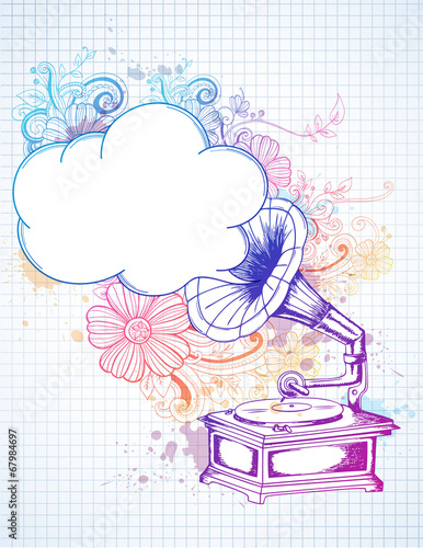 Gramophone on abstract floral background