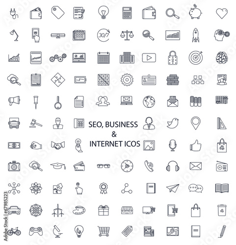 Set of lines of icons SEO, business, media, and science.