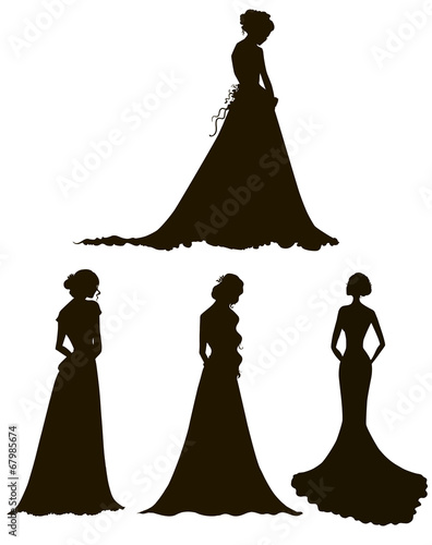 young women in long dresses silhouettes. Brides.