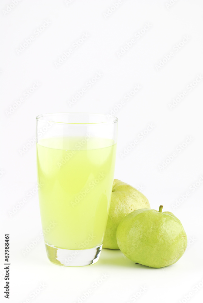 Guava and guava juice (tropical fruit) on white background Guava and guava juice (tropical fruit) on white background