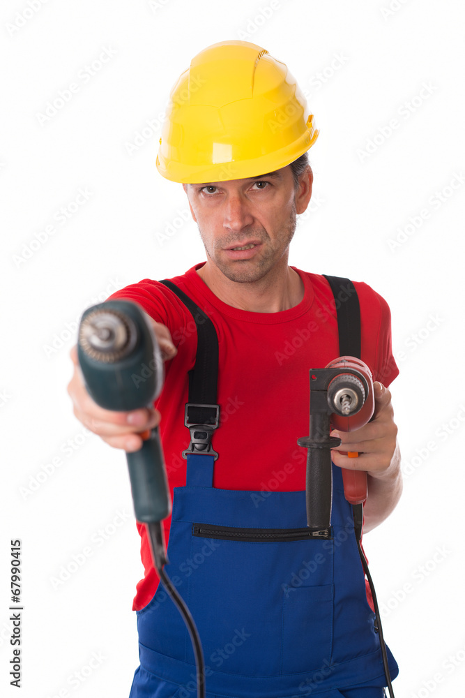 cool worker with helmet and two drilling machine