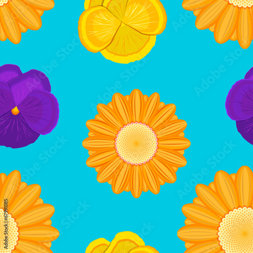 orange gerbera and violet flowers seamless blue pattern
