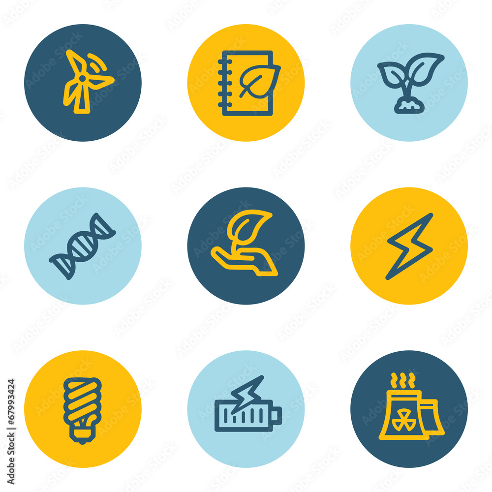 Ecology web icon set 5, blue and yellow circle buttons Ecology web icon set 5, blue and yellow circle buttons