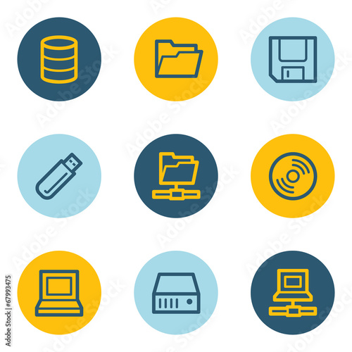 Drive and storage web icon set, blue and yellow circle buttons