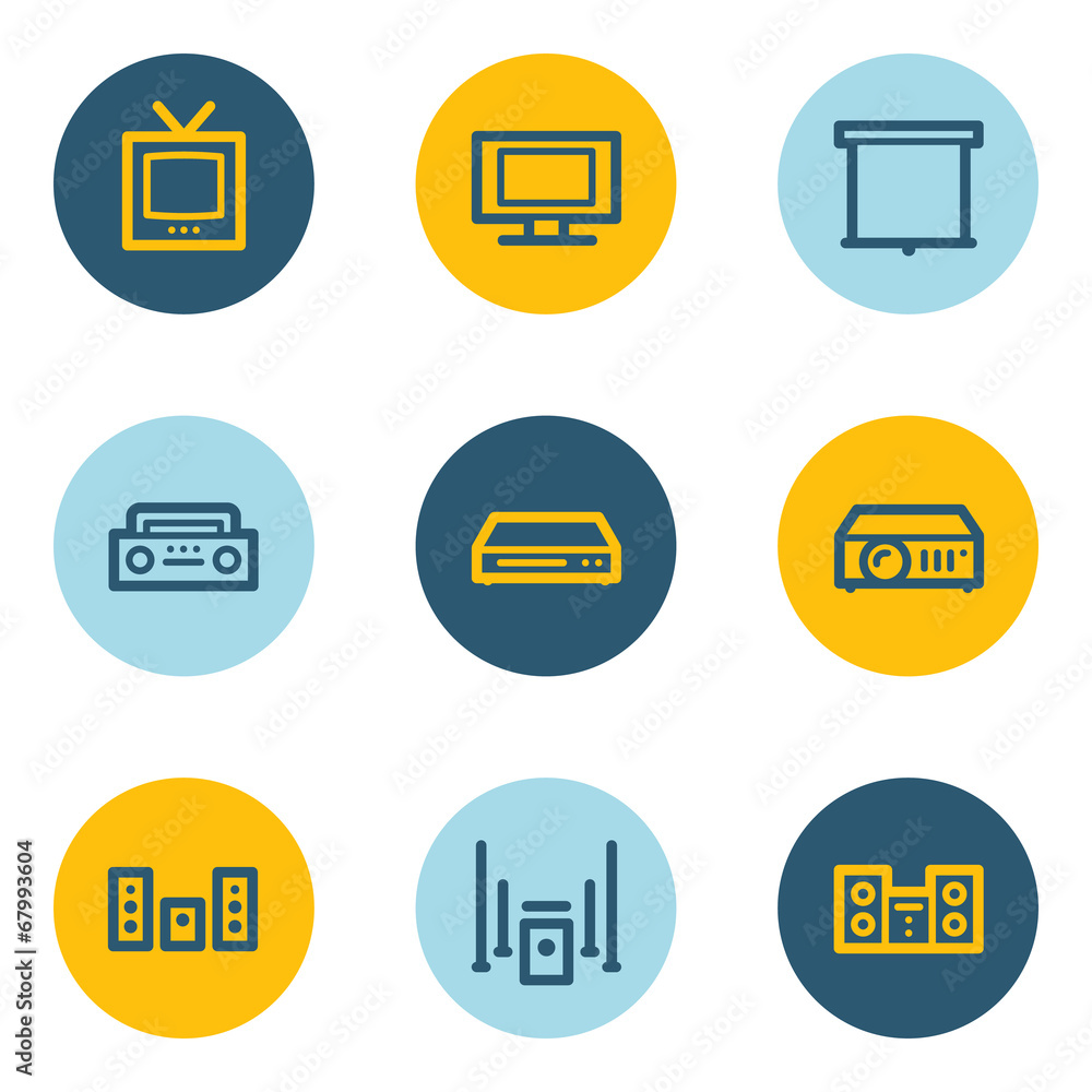 Audio video web icons, blue and yellow circle buttons Audio video web icons, blue and yellow circle buttons