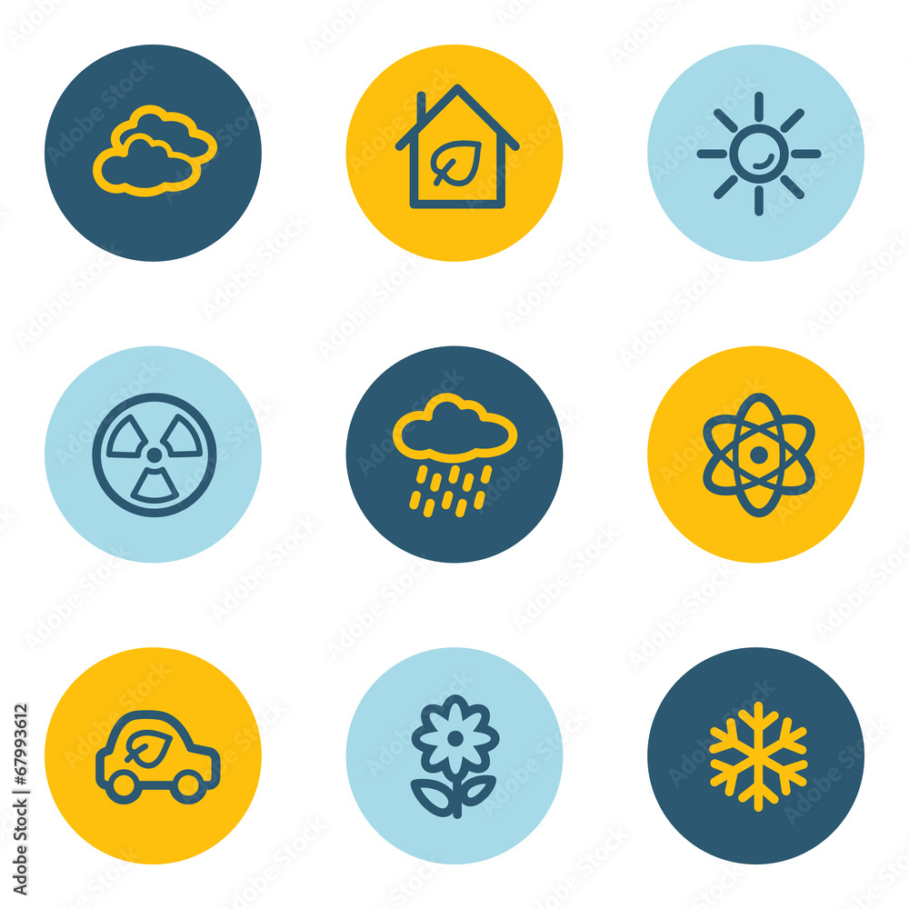 Ecology web icon set 2, blue and yellow circle buttons Ecology web icon set 2, blue and yellow circle buttons