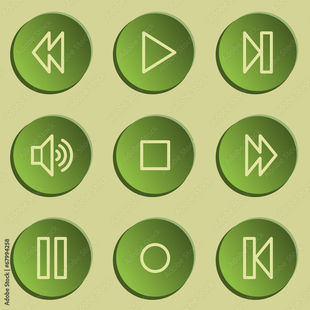 Media player web icons , green paper stickers set Media player web icons , green paper stickers set