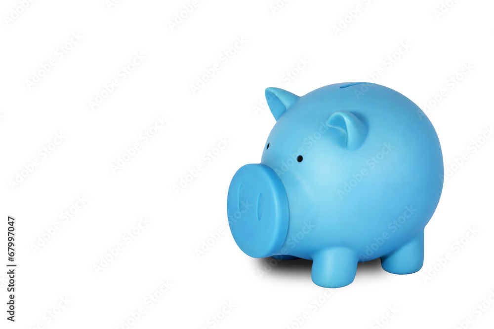 Blue piggy bank with coins isolated on white background.