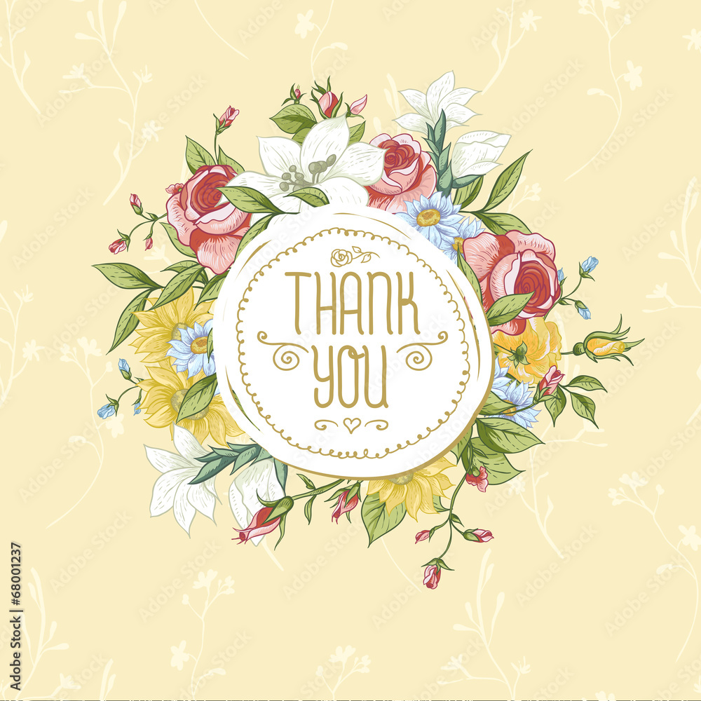 Vintage greeting card with blooming flowers - obrazy, fototapety, plakaty 