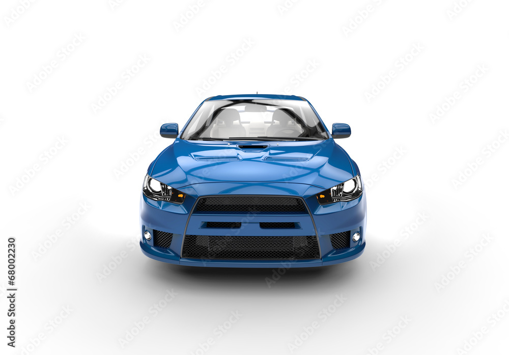 Blue race car side view front