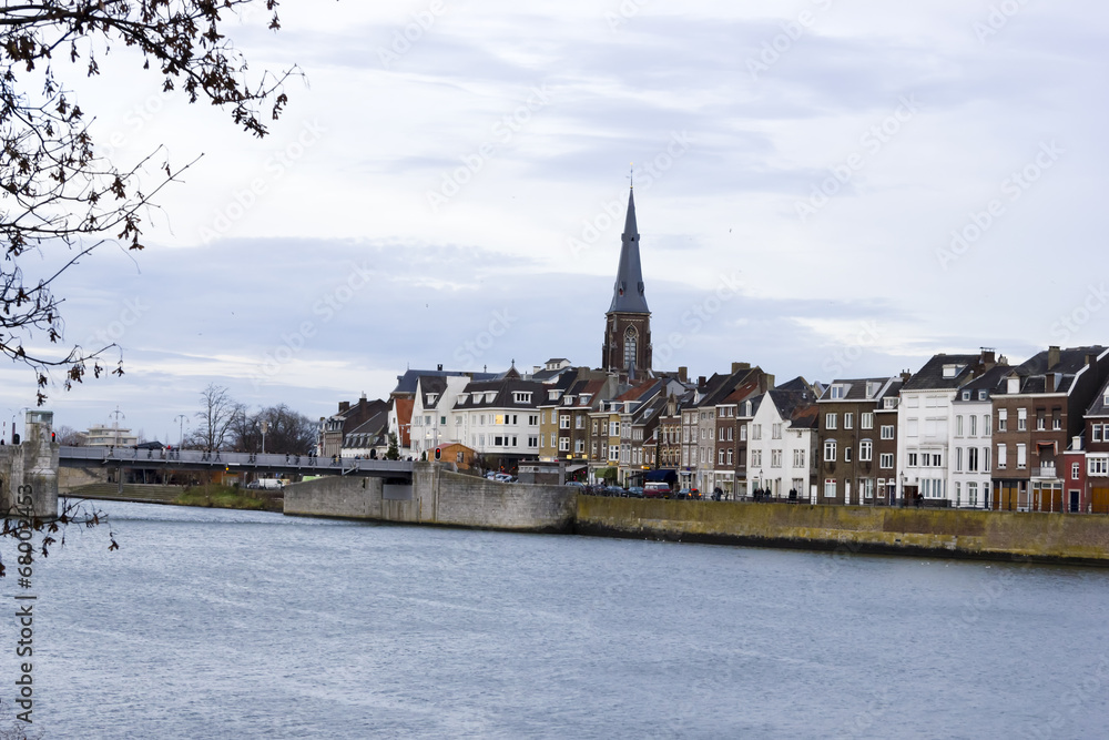 Panorama of Maastricht, Netherlands in cloudy calm winter day
