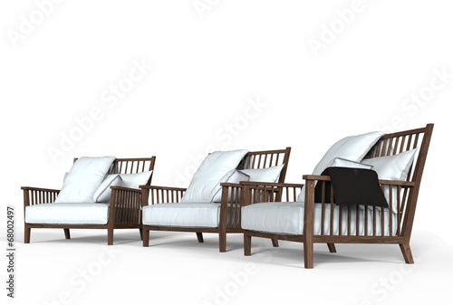 Three white cozy armchairs - perspective shot
