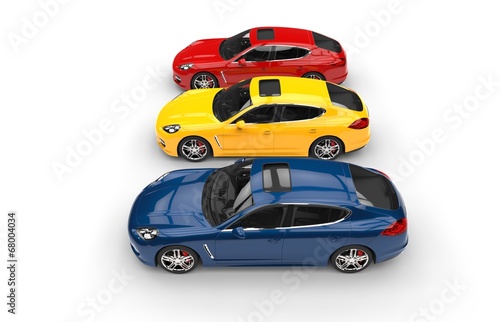 Set of modern, bright colored fast cars