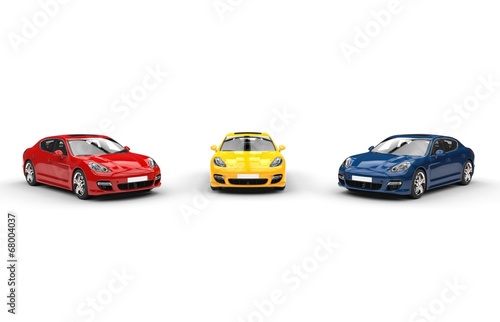 Set of modern, bright colored fast cars, facing each other