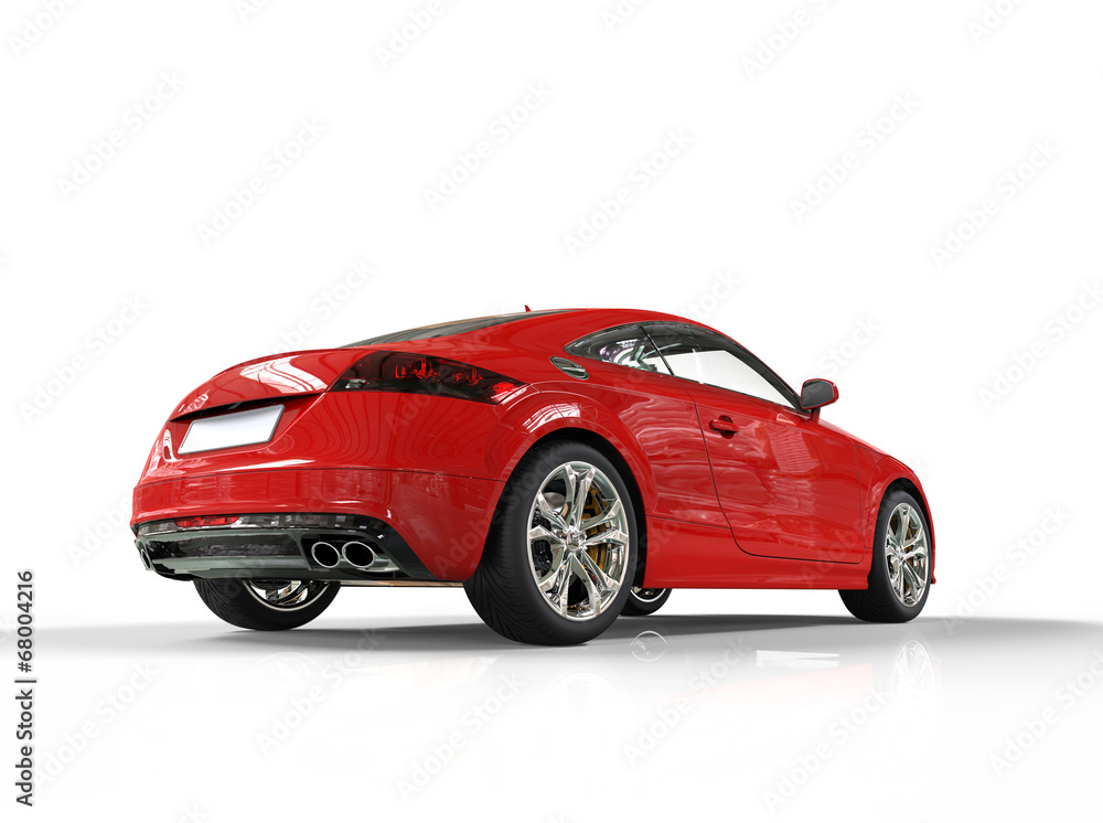 Red fast car on white background - taillights view - other angle