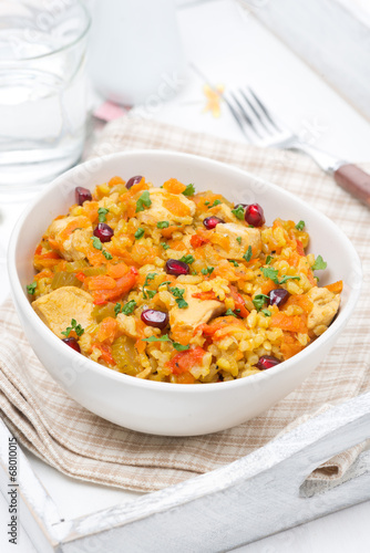 rice with vegetables, chicken and pomegranate, vertical