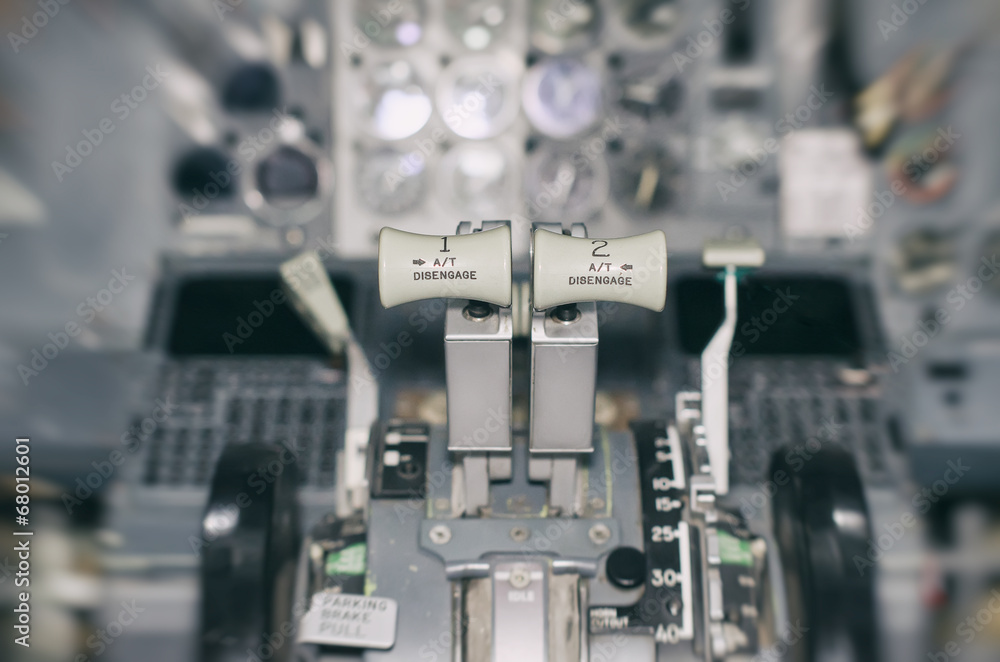 View of aircraft thrust lever. Motion effect. View of aircraft thrust lever. Motion effect.